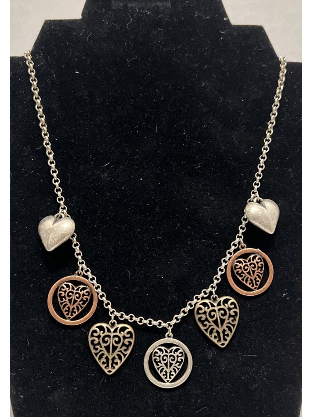 Premier Designs Necklace Dangle Hearts Silver, Antiqued Brass & Copper Tones.